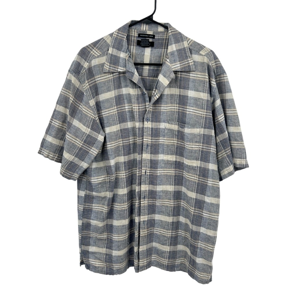 Linen‎ Blend Short Sleeve Button Up Shirt Mens XL Blue Plaid Lightweight Coastal